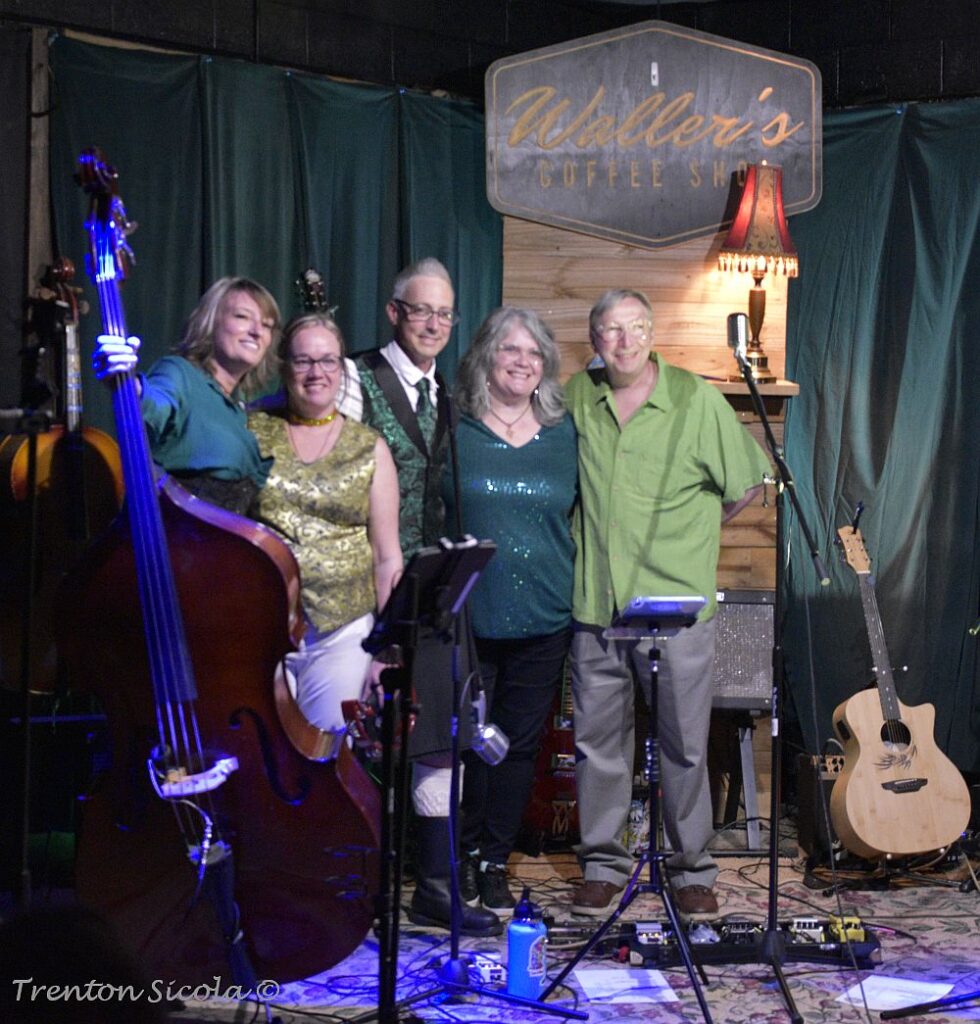 Gin Joint Rascals group pic on stage at Waller's Coffee Shop