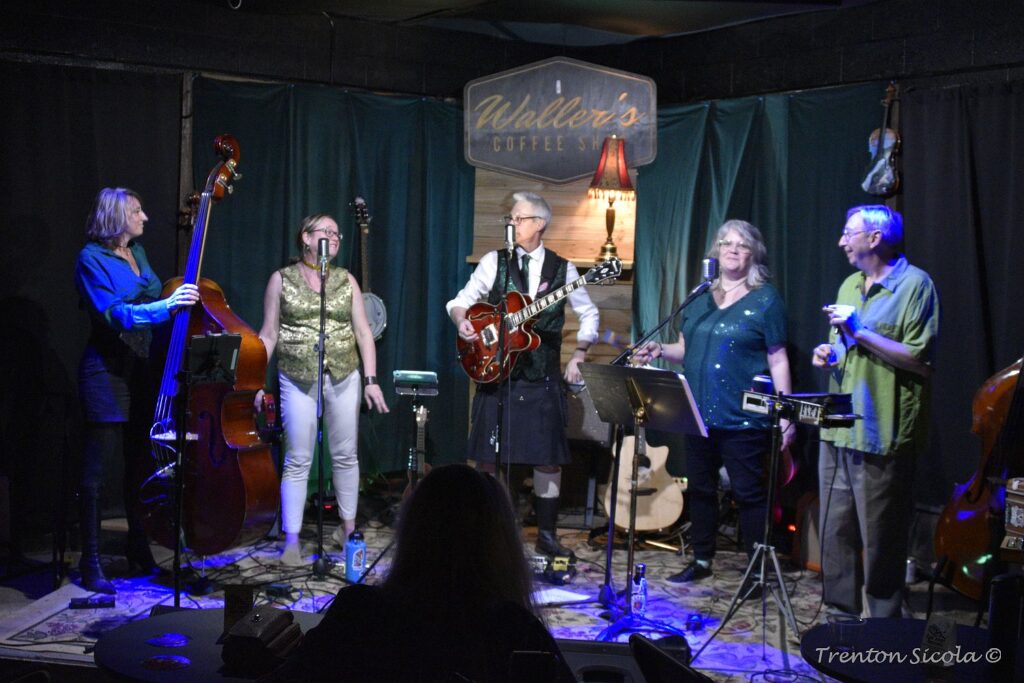 Gin Joint Rascals group pic on stage at Waller's Coffee Shop