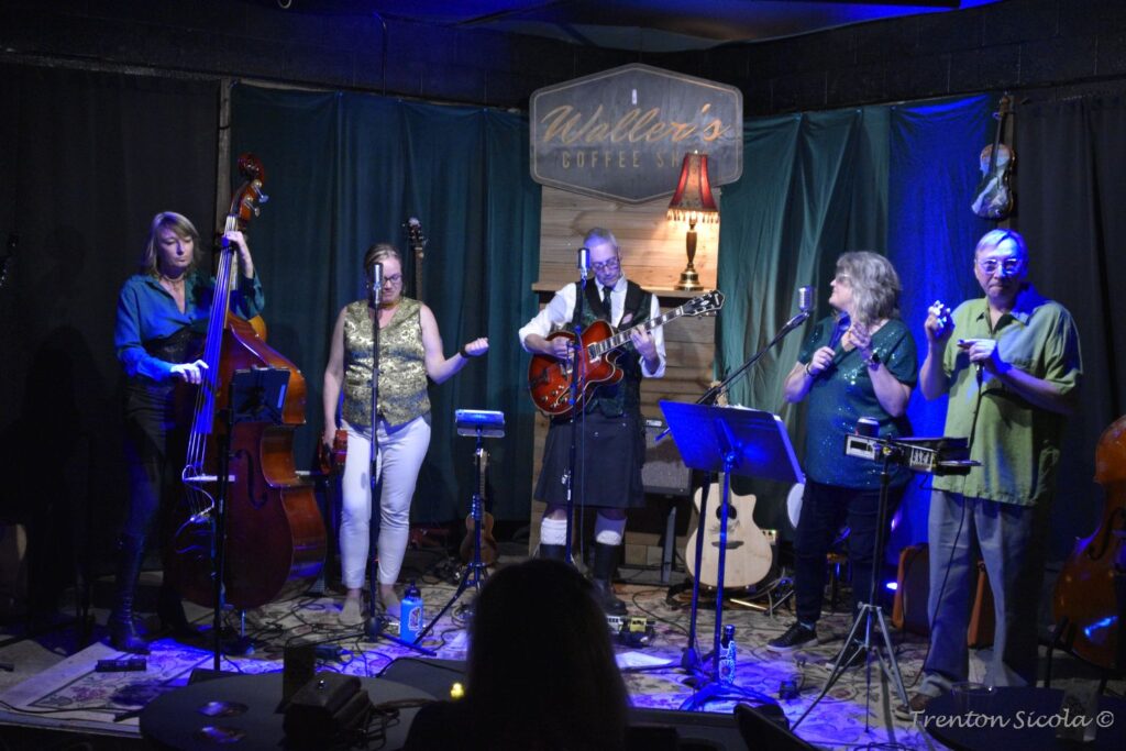 Gin Joint Rascals group pic on stage at Waller's Coffee Shop